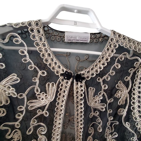 Sophie Chang Studio kimono top womens 1X ? black gold applique mesh Holi… - Picture 3 of 5